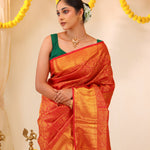Cadmium Red Kanjivaram Silk Saree With Floral Jaal Weaving
