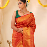 Cadmium Red Kanjivaram Silk Saree With Floral Jaal Weaving