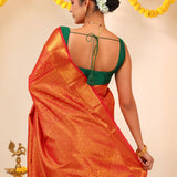 Cadmium Red Kanjivaram Silk Saree With Floral Jaal Weaving