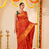 Cadmium Red Kanjivaram Silk Saree With Floral Jaal Weaving