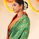 Cadmium Green Kanjivaram Silk Saree With Floral Jaal Weaving