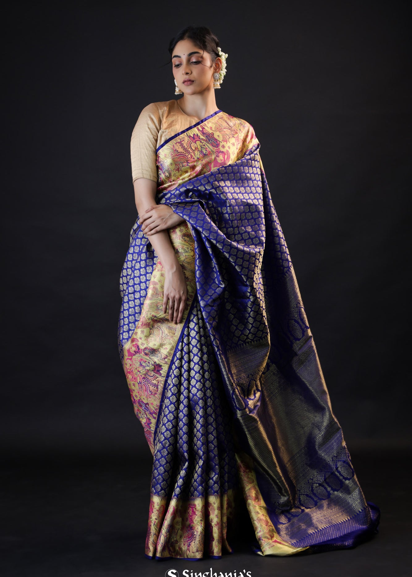 Egyptian Blue Kanjivaram Silk Saree With Gold Zari Weaving