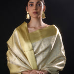 Pastel Off-White Tissue Kanjivaram Silk Saree With Jaal Weaving