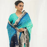 Aqua Blue Ombre Printed Bandhani Silk Saree With Embroidery Border