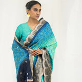 Aqua Blue Ombre Printed Bandhani Silk Saree With Embroidery Border