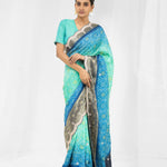 Aqua Blue Ombre Printed Bandhani Silk Saree With Embroidery Border