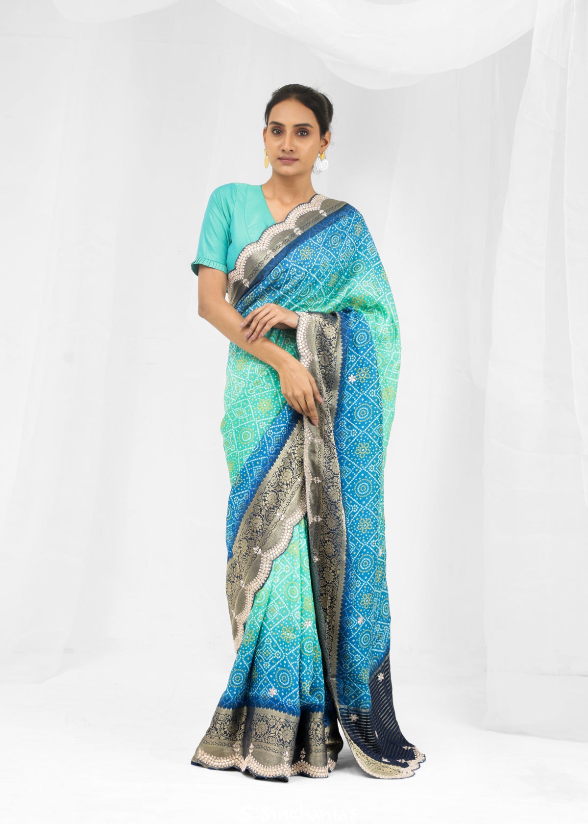 Aqua Blue Ombre Printed Bandhani Silk Saree With Embroidery Border