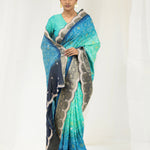 Aqua Blue Ombre Printed Bandhani Silk Saree With Embroidery Border
