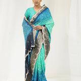 Aqua Blue Ombre Printed Bandhani Silk Saree With Embroidery Border