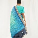 Aqua Blue Ombre Printed Bandhani Silk Saree With Embroidery Border