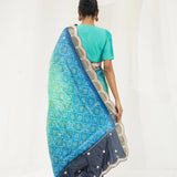 Aqua Blue Ombre Printed Bandhani Silk Saree With Embroidery Border