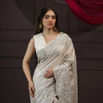 White Grey Tissue Designer Saree With Floral Embroidery