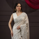 White Grey Tissue Designer Saree With Floral Embroidery