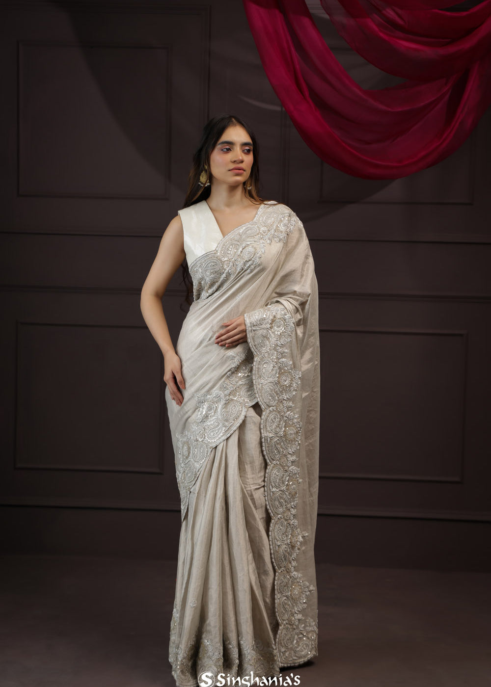 White Grey Tissue Designer Saree With Floral Embroidery