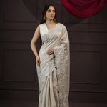 White Grey Tissue Designer Saree With Floral Embroidery