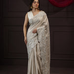 White Grey Tissue Designer Saree With Floral Embroidery