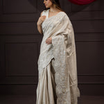 White Grey Tissue Designer Saree With Floral Embroidery