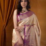 Almond Peach Kanjivaram Silk Saree With Floral Jaal Weaving