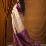 Almond Peach Kanjivaram Silk Saree With Floral Jaal Weaving