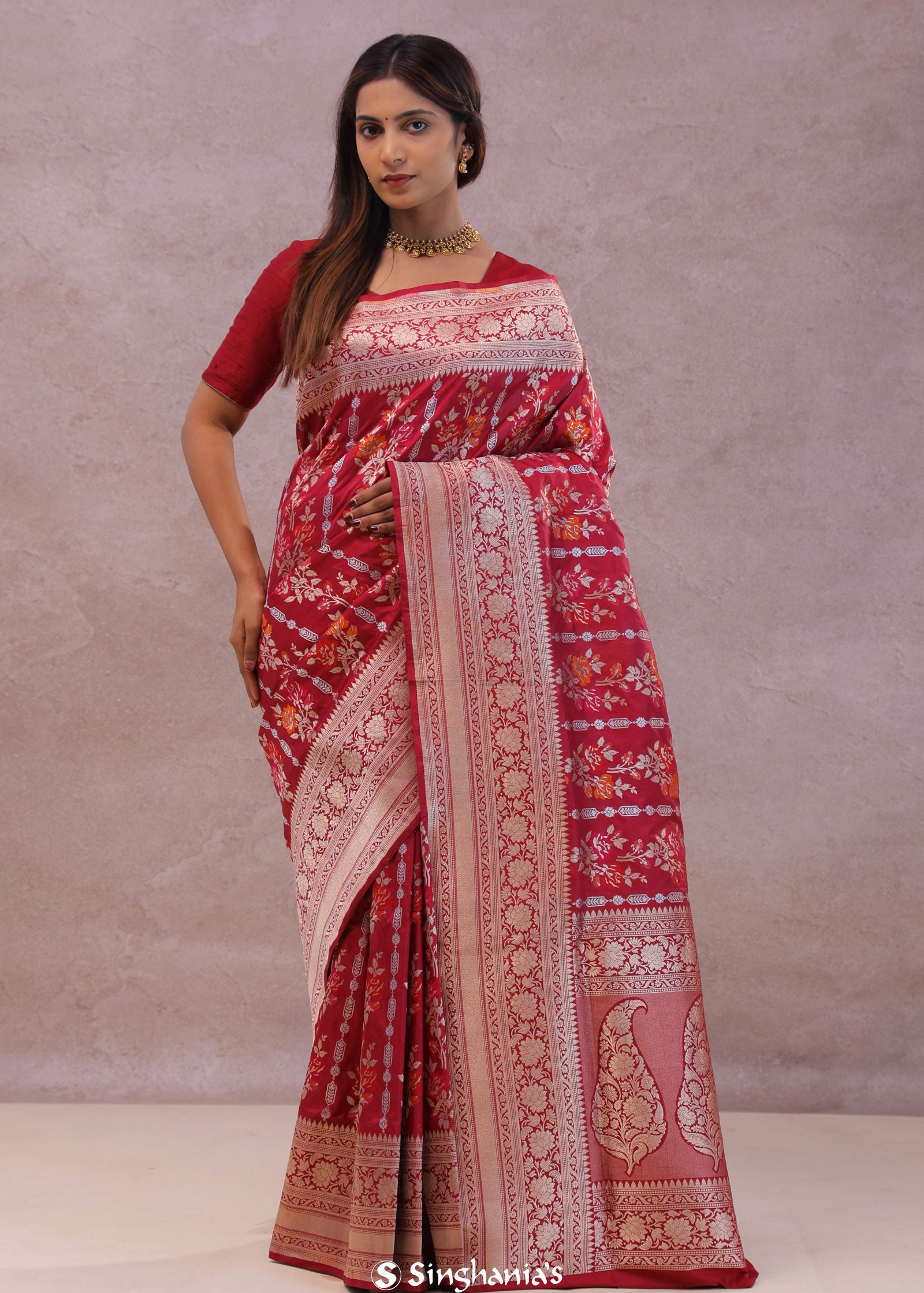 Crimson Red Banarasi Silk Saree With Meenakari Design