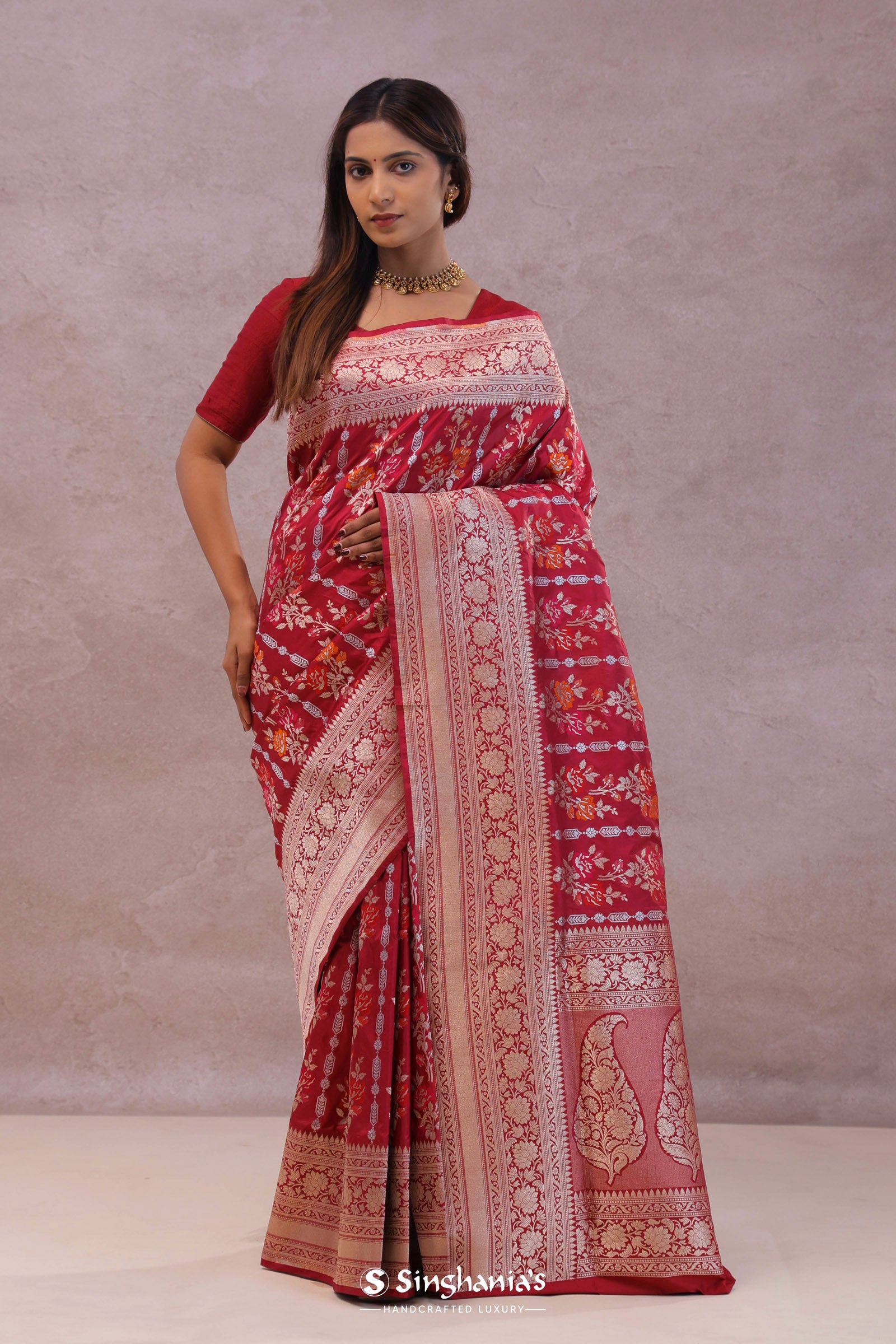 Crimson Red Banarasi Silk Saree With Meenakari Design
