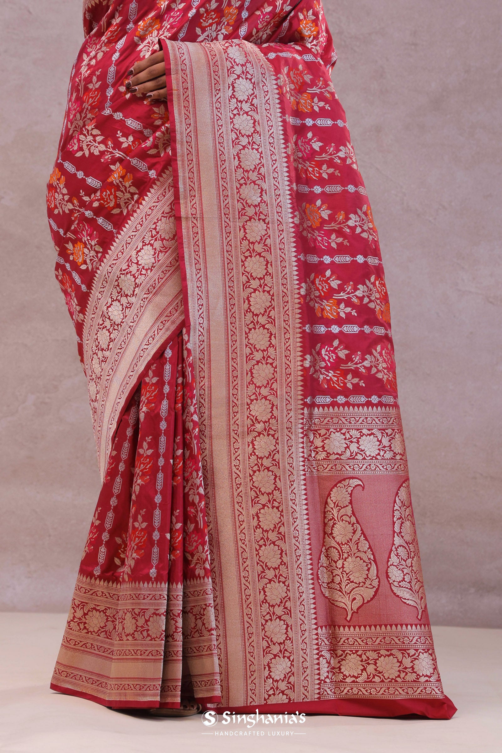Crimson Red Banarasi Silk Saree With Meenakari Design