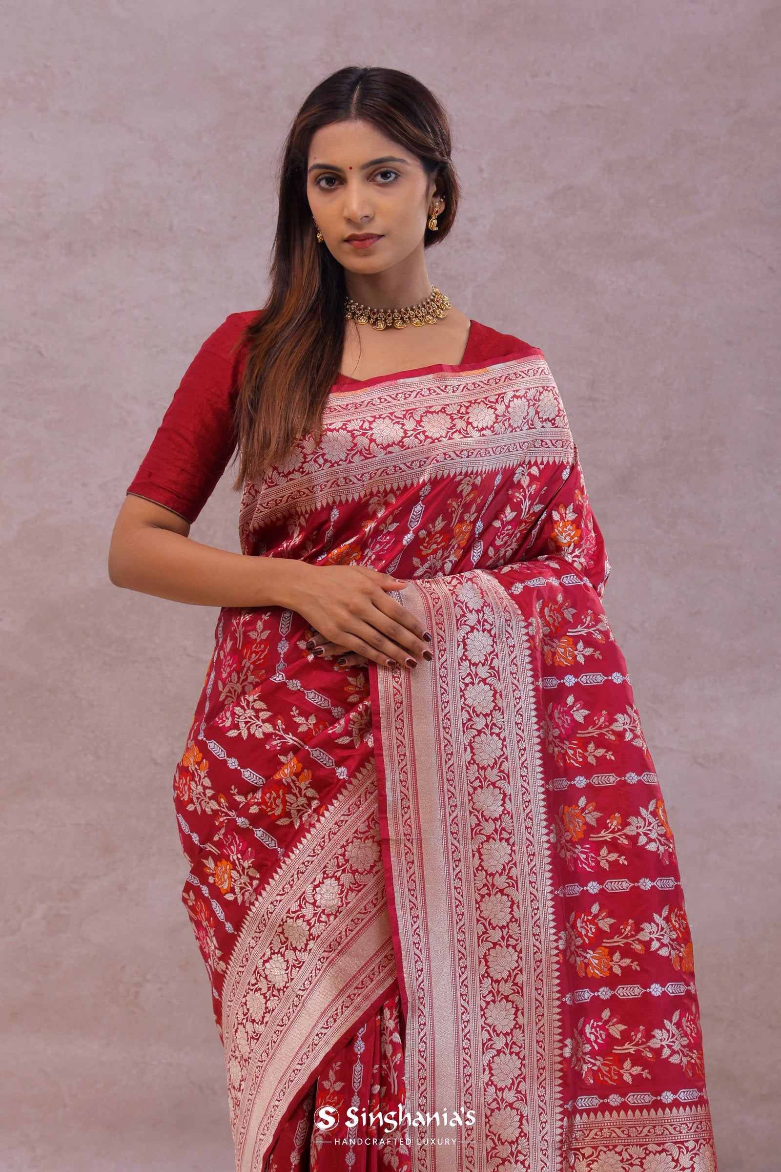 Crimson Red Banarasi Silk Saree With Meenakari Design