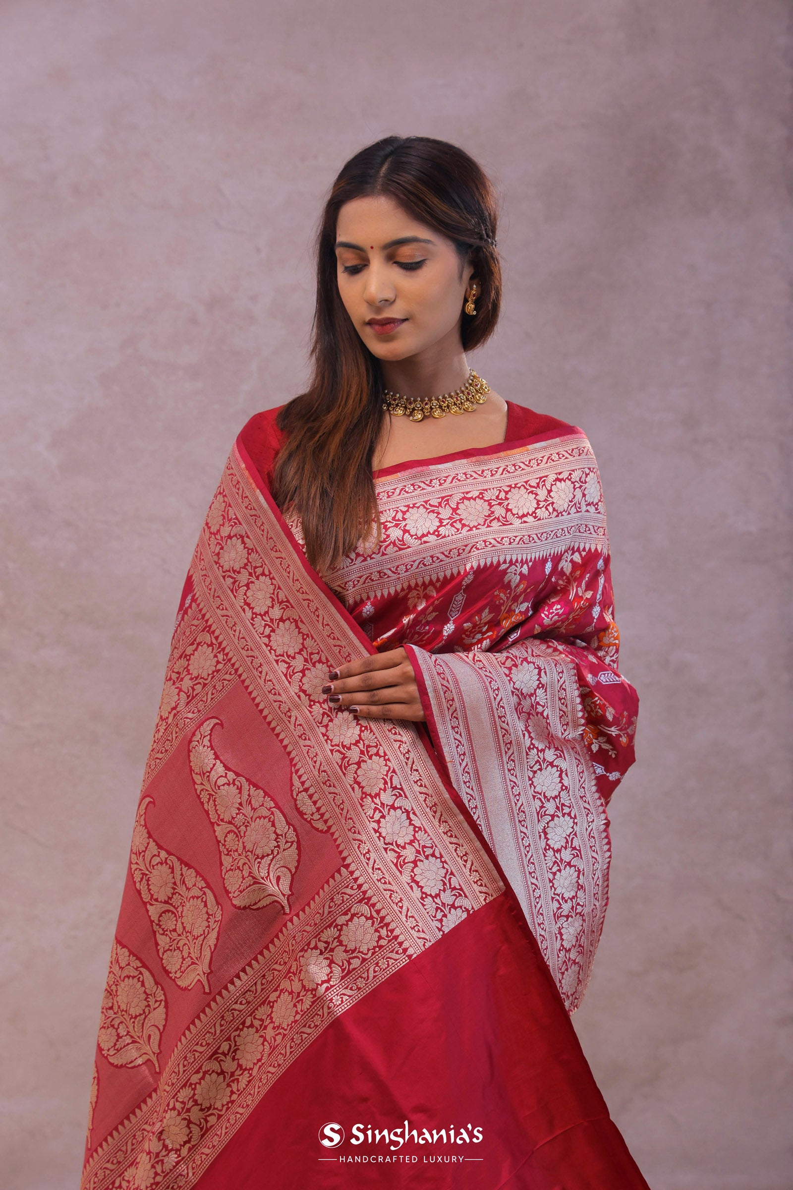 Crimson Red Banarasi Silk Saree With Meenakari Design