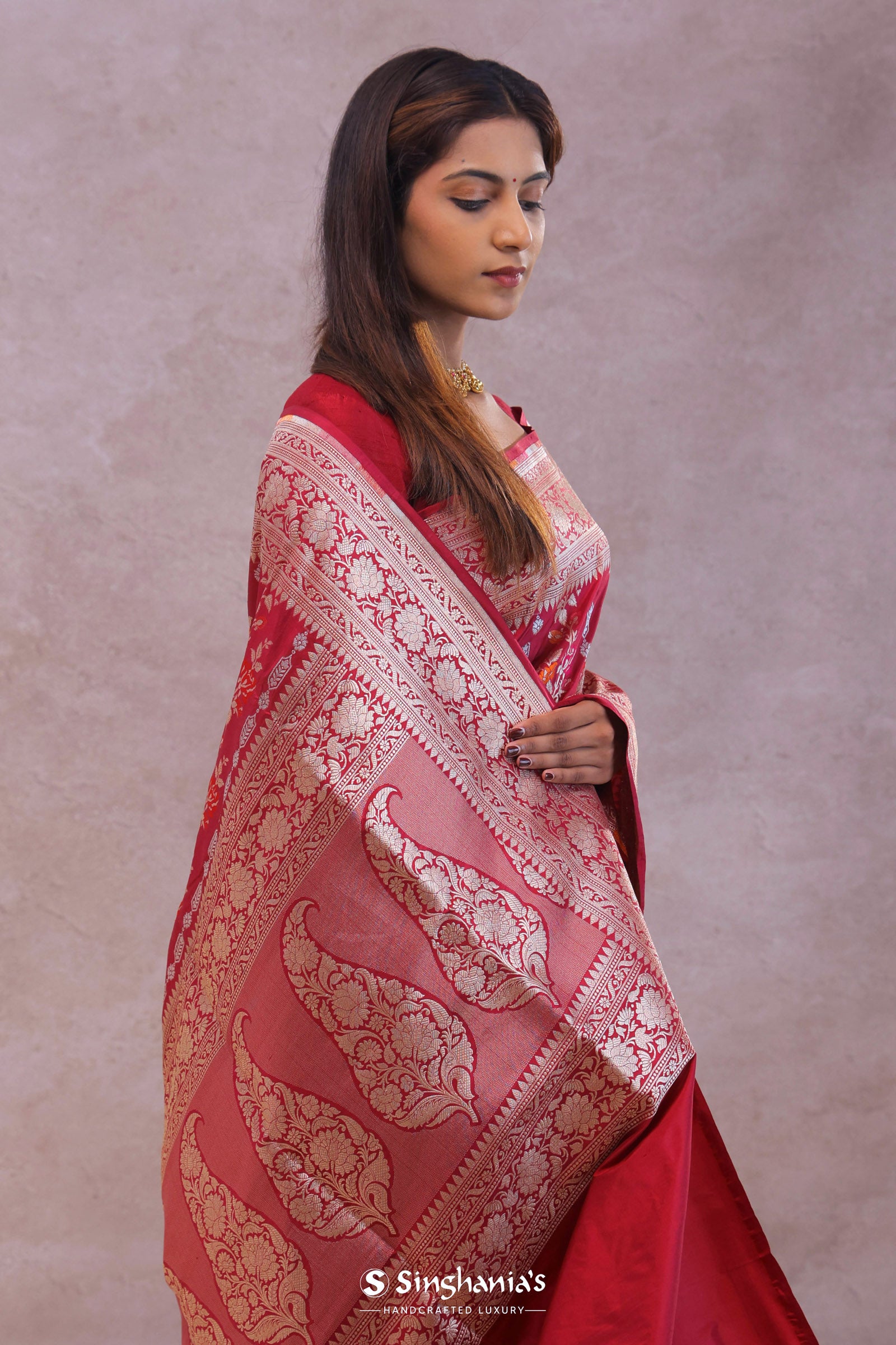 Crimson Red Banarasi Silk Saree With Meenakari Design