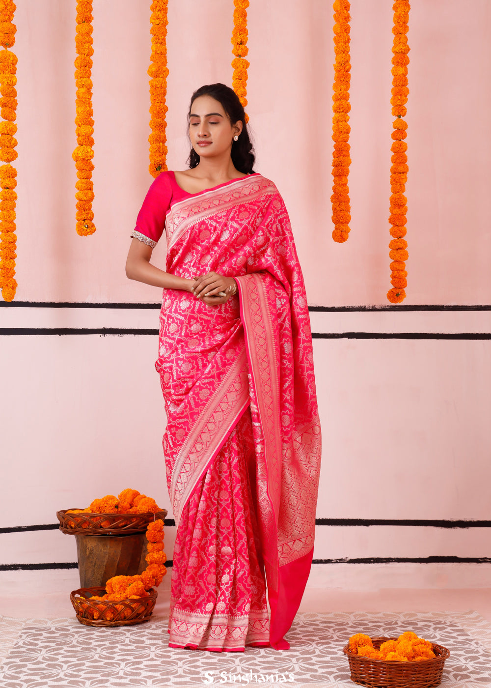 Bright Pink Banarasi Silk Saree With Floral Jaal Weaving