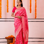 Bright Pink Banarasi Silk Saree With Floral Jaal Weaving