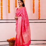 Bright Pink Banarasi Silk Saree With Floral Jaal Weaving