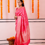 Bright Pink Banarasi Silk Saree With Floral Jaal Weaving
