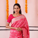 Bright Pink Banarasi Silk Saree With Floral Jaal Weaving