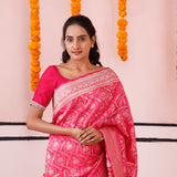 Bright Pink Banarasi Silk Saree With Floral Jaal Weaving
