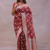 Ruby Red Banarasi Silk Saree With Jamdani And Meenakari Design