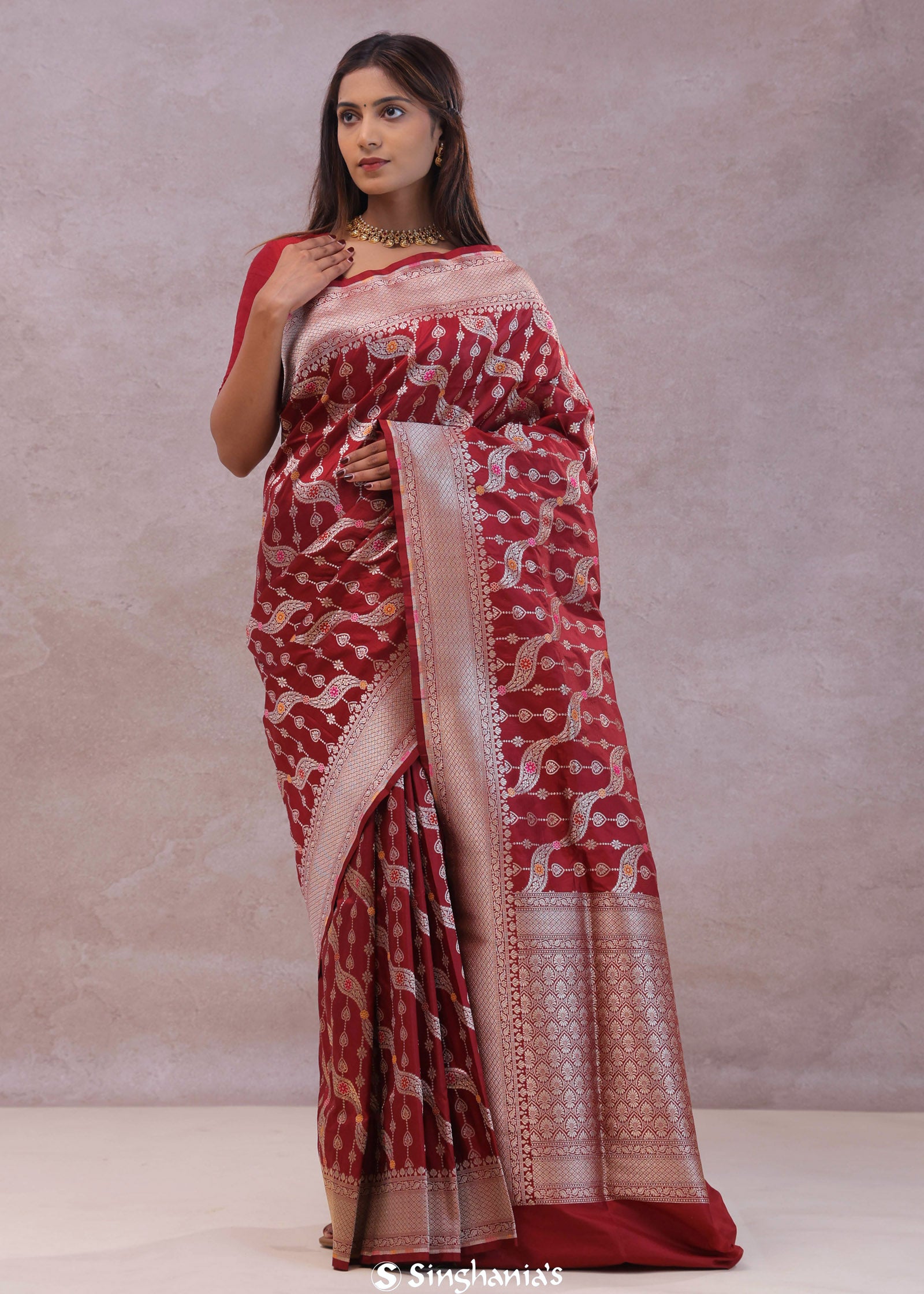 Ruby Red Banarasi Silk Saree With Jamdani And Meenakari Design