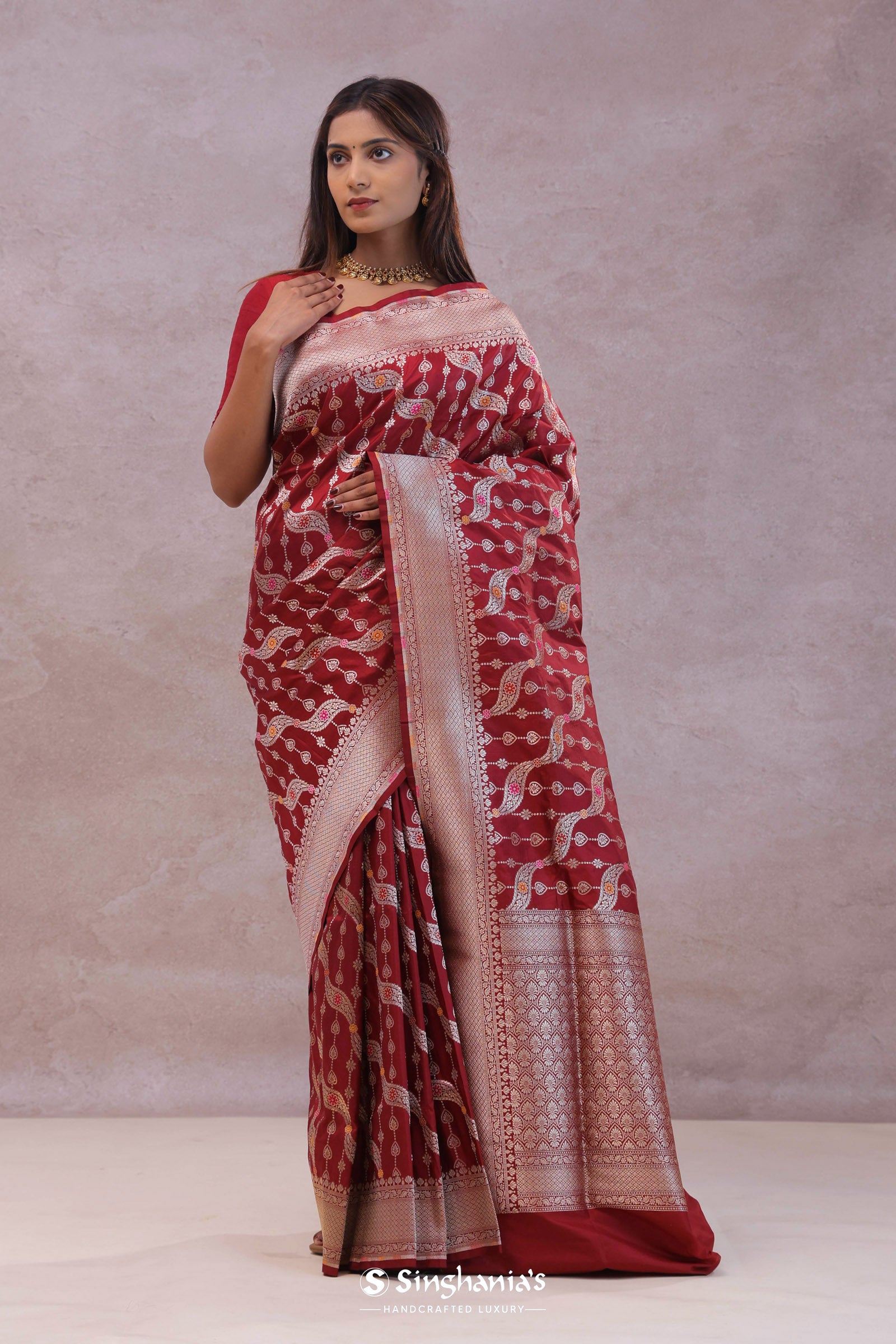 Ruby Red Banarasi Silk Saree With Jamdani And Meenakari Design
