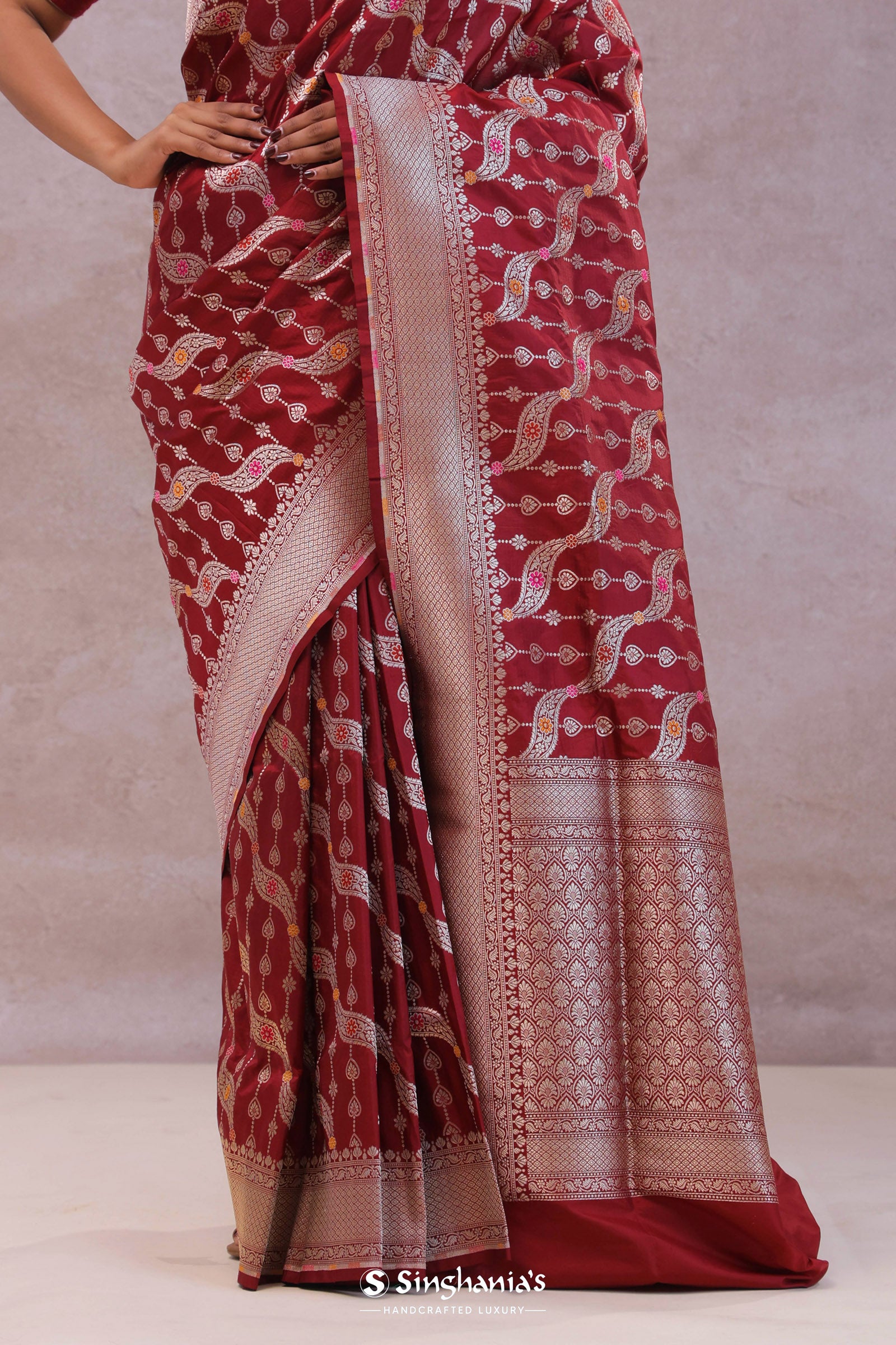 Ruby Red Banarasi Silk Saree With Jamdani And Meenakari Design