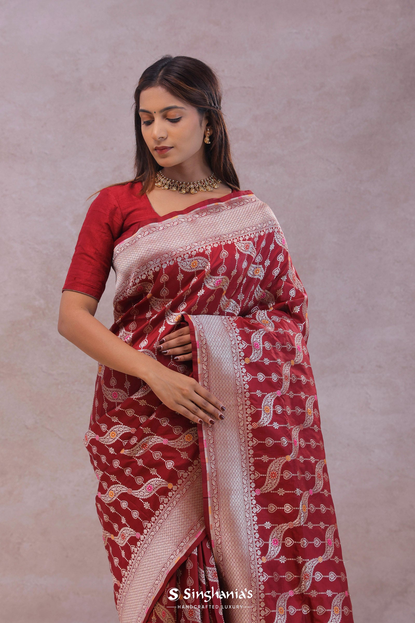 Ruby Red Banarasi Silk Saree With Jamdani And Meenakari Design