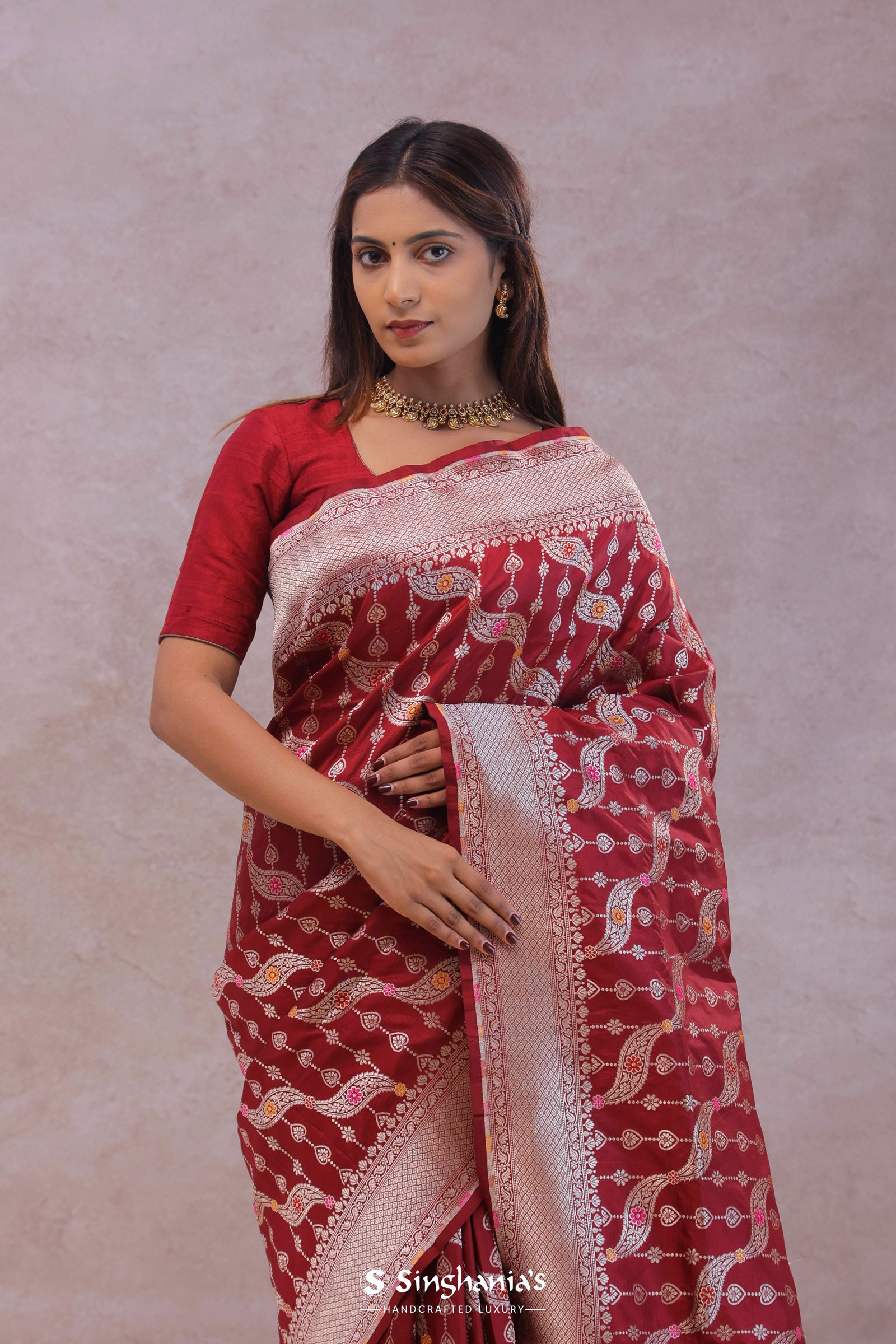Ruby Red Banarasi Silk Saree With Jamdani And Meenakari Design