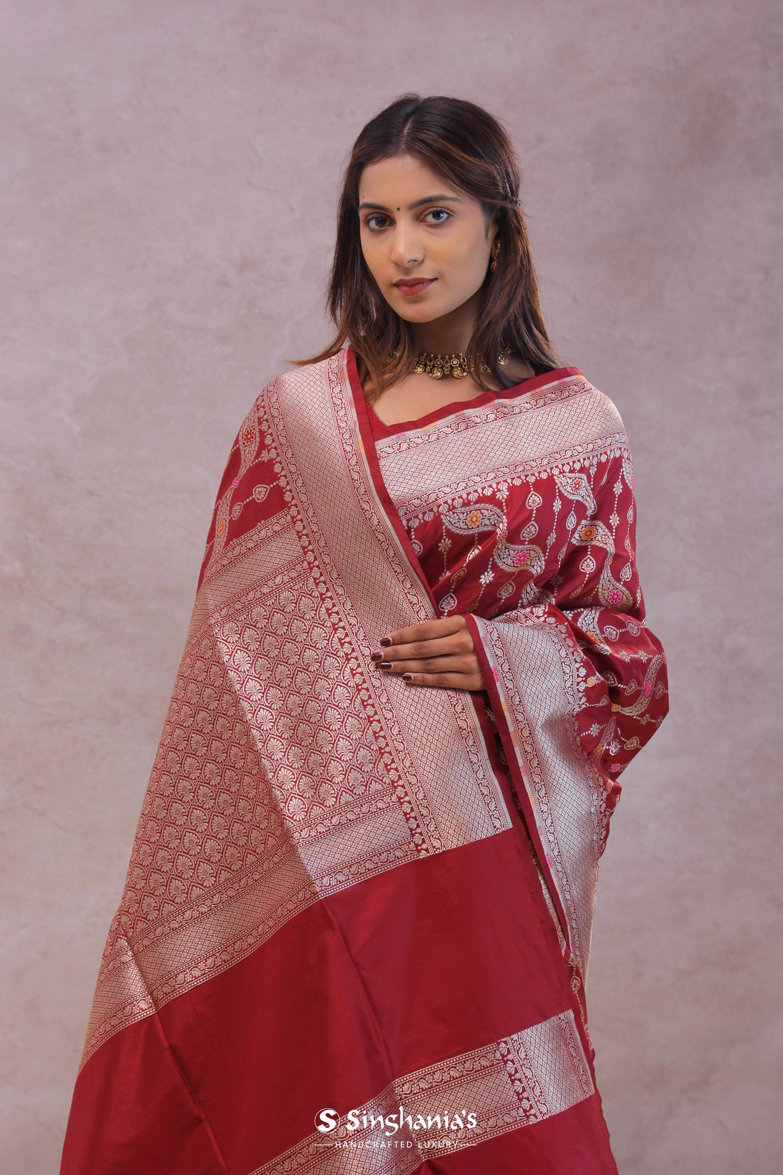 Ruby Red Banarasi Silk Saree With Jamdani And Meenakari Design