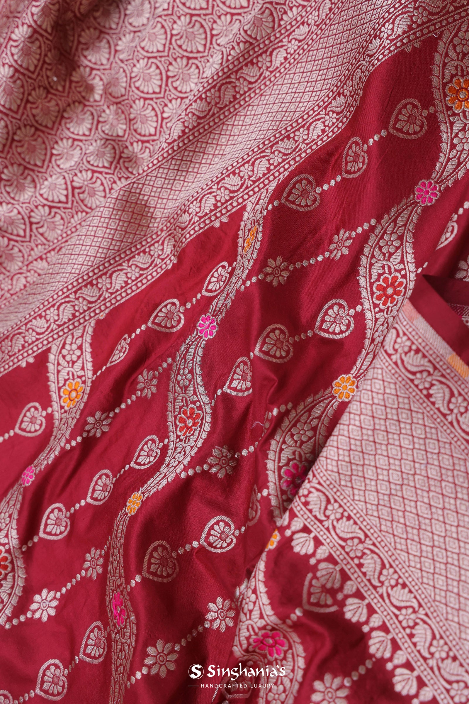 Ruby Red Banarasi Silk Saree With Jamdani And Meenakari Design