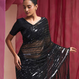 Rich Black Net Designer Saree With Hand Embroidery