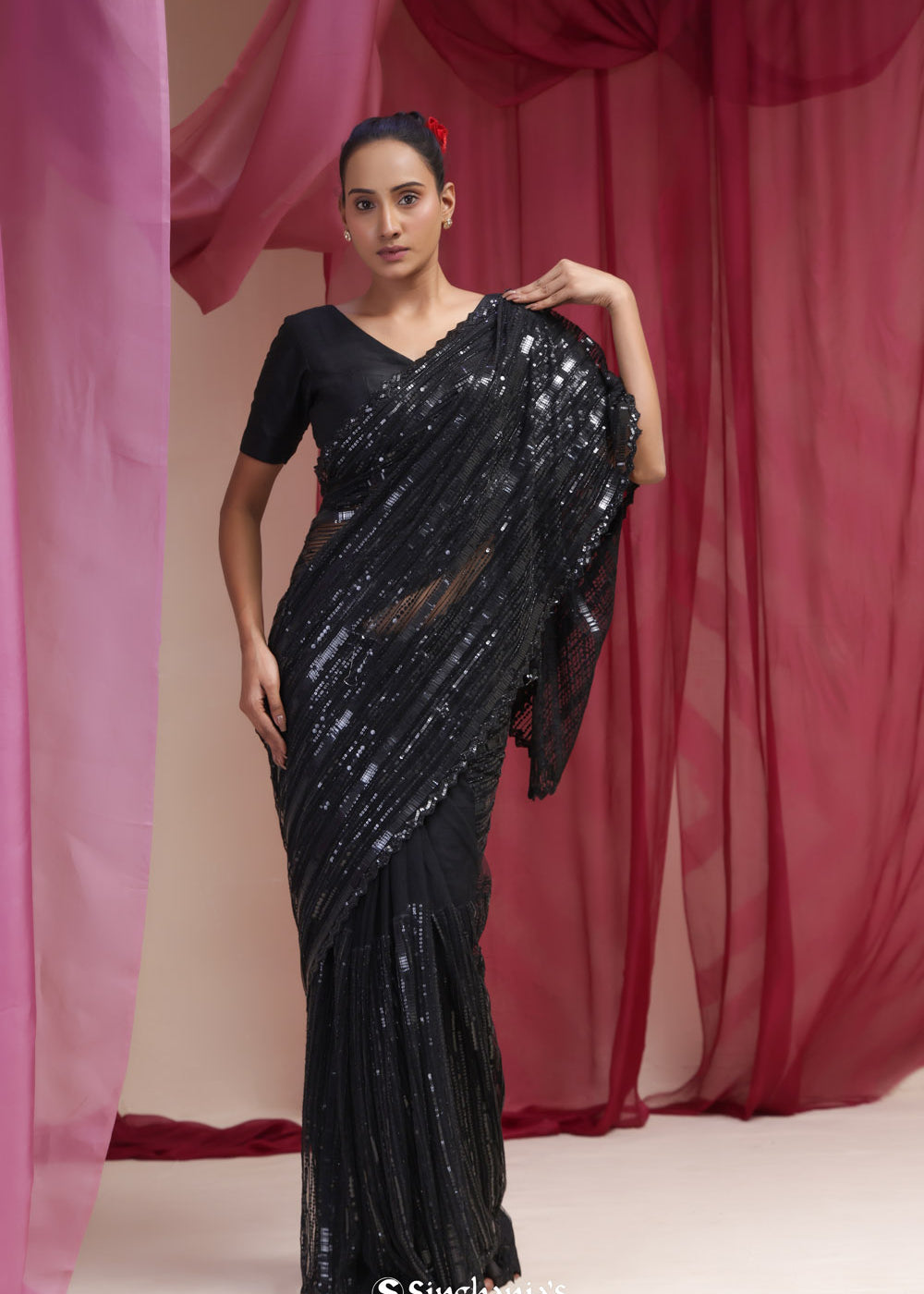 Rich Black Net Designer Saree With Hand Embroidery