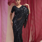 Rich Black Net Designer Saree With Hand Embroidery