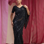 Rich Black Net Designer Saree With Hand Embroidery