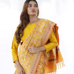 Saffron Yellow Banarasi Silk Saree With Floral Design