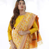 Saffron Yellow Banarasi Silk Saree With Floral Design
