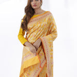 Saffron Yellow Banarasi Silk Saree With Floral Design